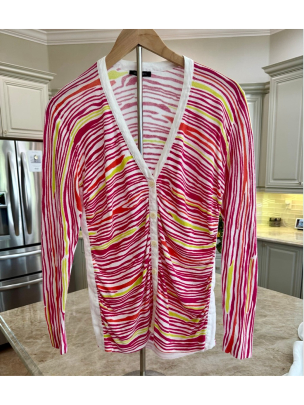 Lafayette 148 New York M Pink White Striped cotton Cardigan, rouched front linen